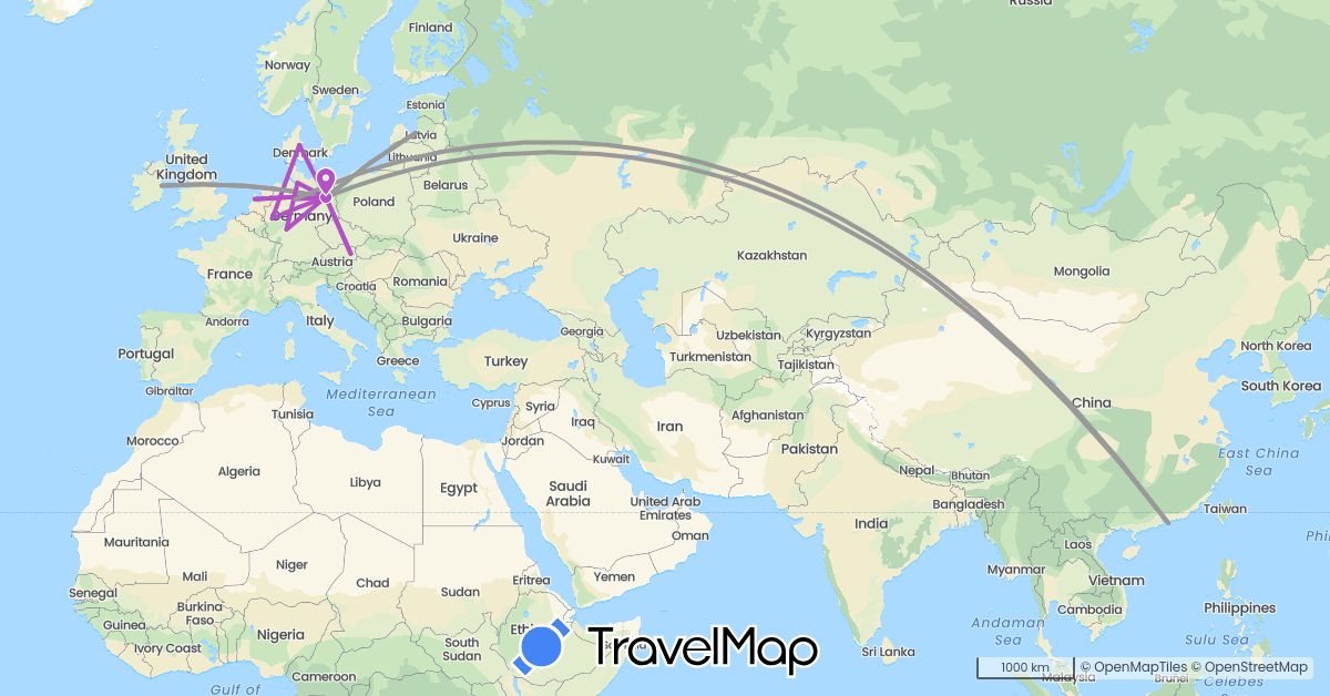 TravelMap itinerary: driving, plane, train in Austria, China, Germany, Denmark, Ireland, Latvia, Netherlands (Asia, Europe)